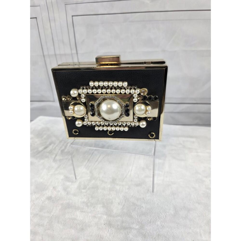 Vintage Gold Metal And Black Clutch With Rhinestone Embellishments One Of A Kind
